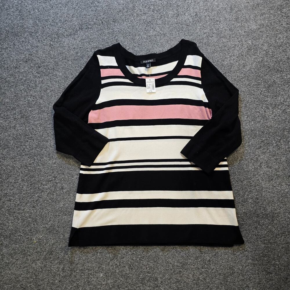 Roz Ali Sweater Womens Size XL Petite Black Stripe Lightweight 3/4 Sleeve Casual